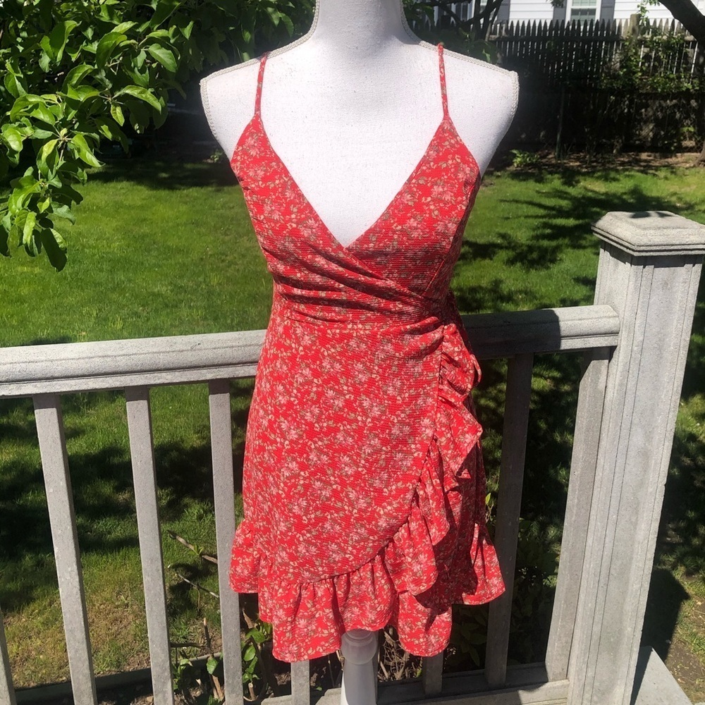 Free People Red Floral Ruffle Wrap Mini Dress